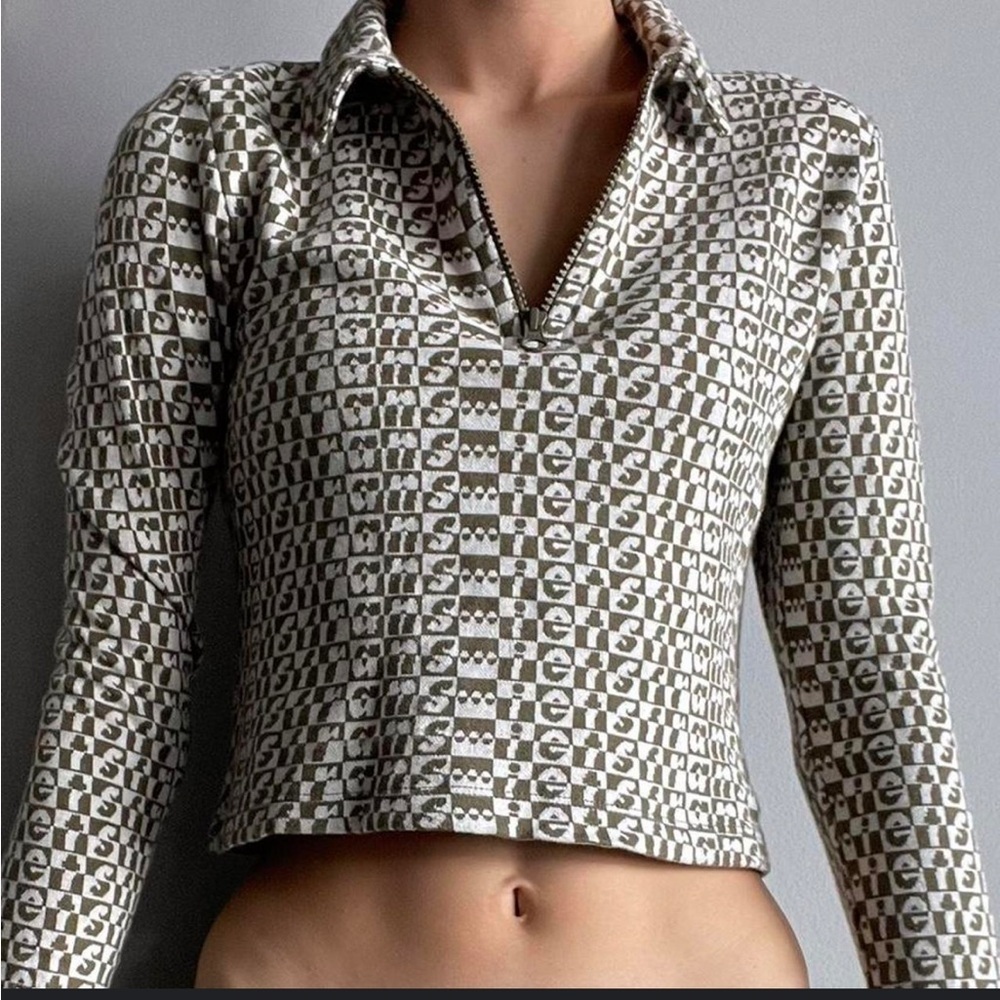 IETS FRANS Stylish Olive Green longsleeve Crop Top w zipper Sz small